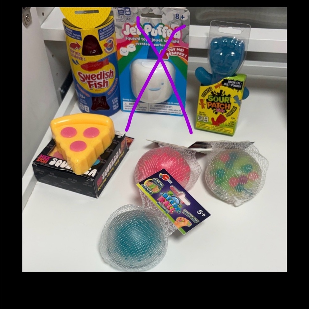Jet puffed squish, Swedish fish squish, sour patch squish, pizza squish,&more
